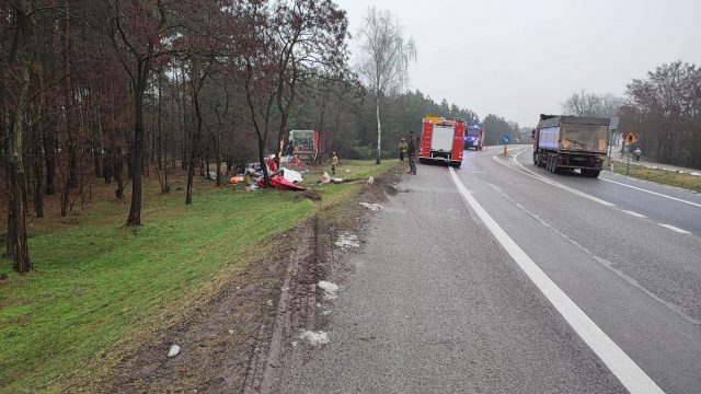 Ciężarówka wypadła z drogi krajowej nr 19 i uderzyła w drzewa (zdjęcia)