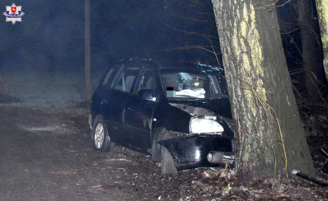 Pojazd osobowy wypadł z drogi i uderzył w drzewo. Kierowca przecierał szybę, nie zauważył zakrętu (zdjęcia)