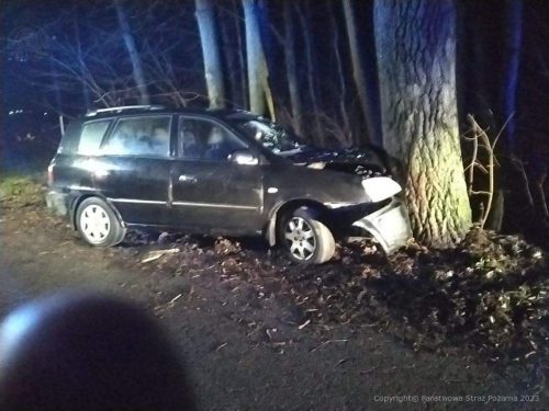 Pojazd osobowy wypadł z drogi i uderzył w drzewo. Kierowca przecierał szybę, nie zauważył zakrętu (zdjęcia)