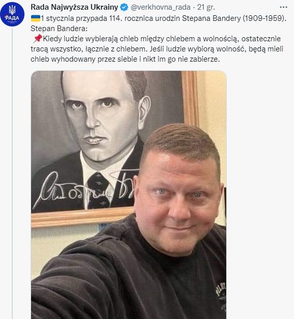 Na jednym zdjęciu portret Bandery i ukraiński generał. Kilka dni wcześniej prezydent Lublina przyjął od niego odznaczenie
