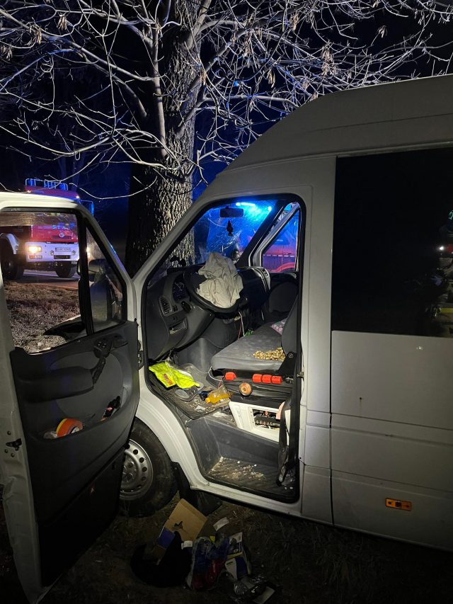 Bus z czterema osobami uderzył w drzewo, poszkodowana kobieta była zakleszczona w pojeździe (zdjęcia)