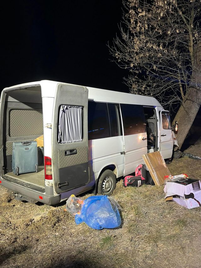 Bus z czterema osobami uderzył w drzewo, poszkodowana kobieta była zakleszczona w pojeździe (zdjęcia)