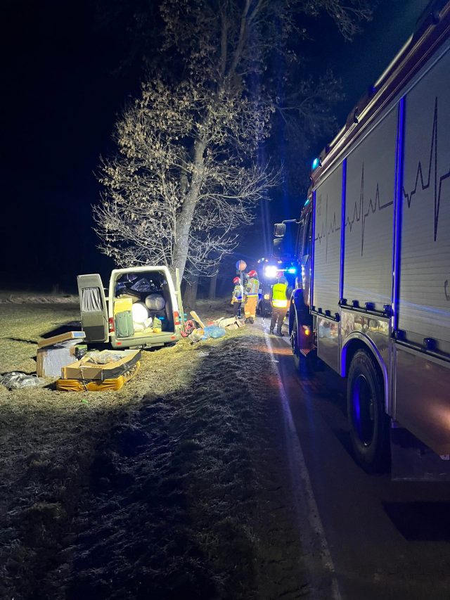 Bus z czterema osobami uderzył w drzewo, poszkodowana kobieta była zakleszczona w pojeździe (zdjęcia)