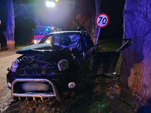 Na łuku jezdni toyota uderzyła w drzewo. Dwie osoby ranne, droga zablokowana (zdjęcia)