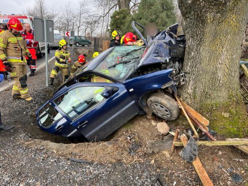 Volkswagen wpadł w poślizg i uderzył w drzewo. Kierowca z pasażerką trafili do szpitala (zdjęcia)