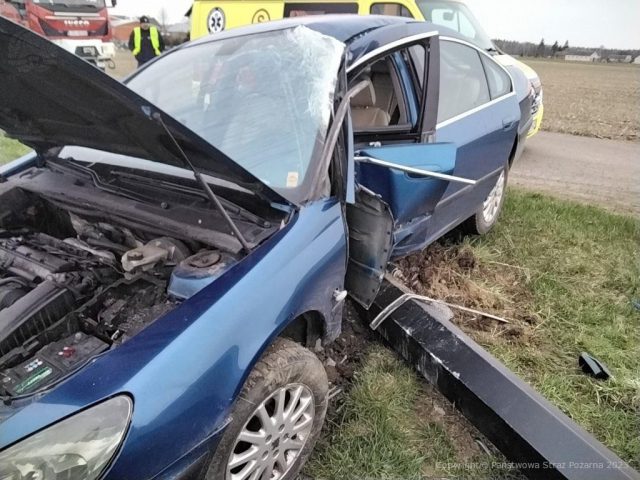 Straciła kontrolę nad pojazdem, peugeot uderzył w słup. Kobieta trafiła do szpitala (zdjęcia)