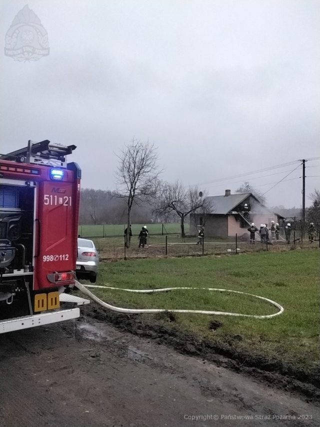 Dom stanął w płomieniach, kobieta trafiła do szpitala. Z ogarniętego ogniem budynku strażacy wynieśli psa (zdjęcia)