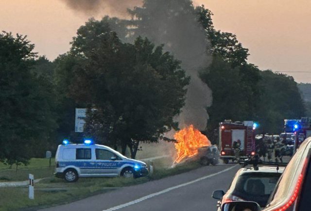 Wypadek na trasie Lublin – Zamość, auto stanęło w płomieniach. Trwa akcja ratunkowa (zdjęcia)