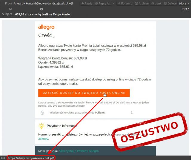 Zmasowany atak oszustów podszywających się pod Allegro i jedno z ministerstw