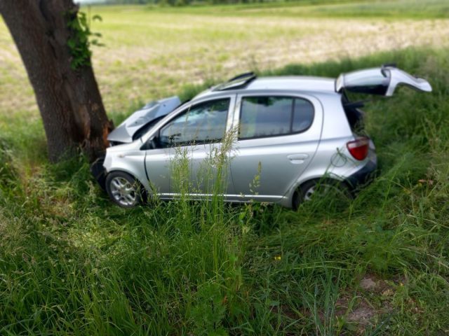 Zjechała toyotą z drogi i uderzyła w drzewo. Dwie osoby trafiły do szpitala (zdjęcia)