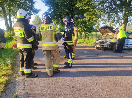 Skoda uderzyła przepust, drzewo i ogrodzenie. Dwie osoby są ranne, droga jest zablokowana (zdjęcia)