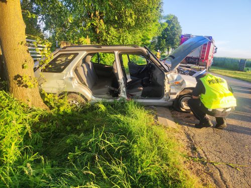 Skoda uderzyła przepust, drzewo i ogrodzenie. Dwie osoby są ranne, droga jest zablokowana (zdjęcia)