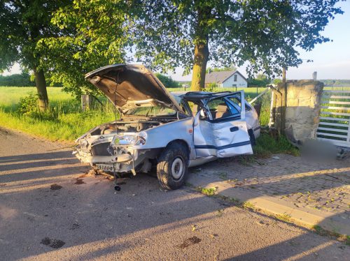 Skoda uderzyła przepust, drzewo i ogrodzenie. Dwie osoby są ranne, droga jest zablokowana (zdjęcia)