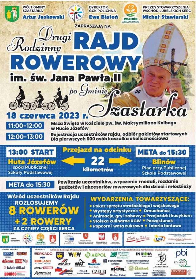Rodzinny Rajd Rowerowy im. św. Jana Pawła II. Uczestnicy przejadą trasą po gminie Szastarka, będzie można wygrać rower