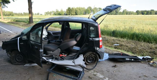 Fiat wypadł z drogi i uderzył w drzewo. Kierująca pojazdem trafiła do szpitala (zdjęcia)