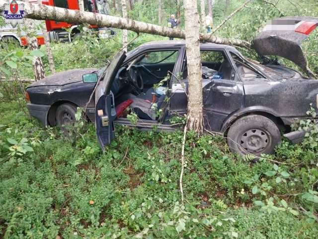 Kolizja w trakcie deszczu. Audi wypadło z drogi i uderzyło w drzewo (zdjęcia)