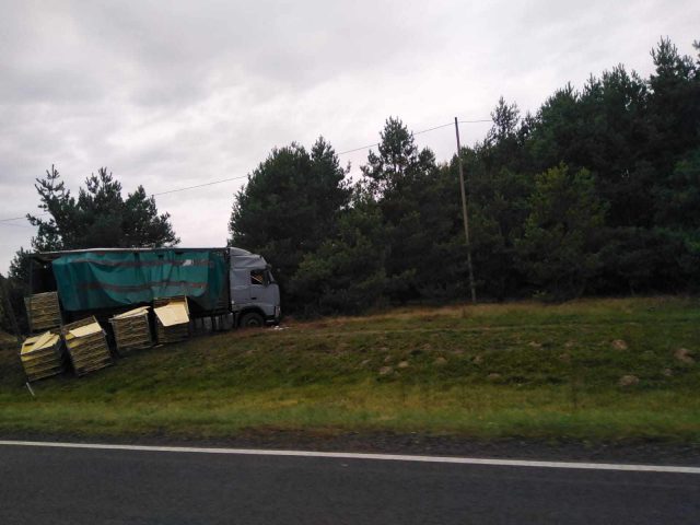Pojazd ciężarowy wypadł z drogi krajowej nr 19 i przewrócił się (zdjęcia)