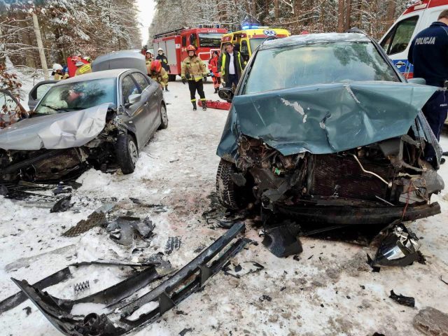 Tragiczny wypadek na drodze biegnącej przez las. W czołowym zderzeniu pojazdów zginęła 62-latka (zdjęcia)