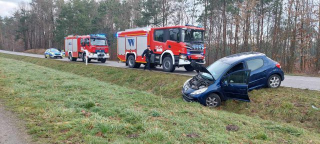 Na prostej drodze straciła panowanie nad pojazdem. Peugeot w rowie, kierująca w szpitalu (zdjęcia)