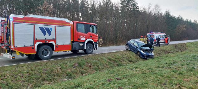 Na prostej drodze straciła panowanie nad pojazdem. Peugeot w rowie, kierująca w szpitalu (zdjęcia)