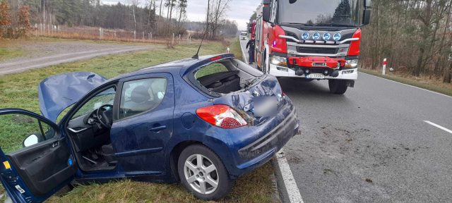 Na prostej drodze straciła panowanie nad pojazdem. Peugeot w rowie, kierująca w szpitalu (zdjęcia)