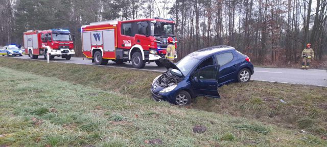 Na prostej drodze straciła panowanie nad pojazdem. Peugeot w rowie, kierująca w szpitalu (zdjęcia)