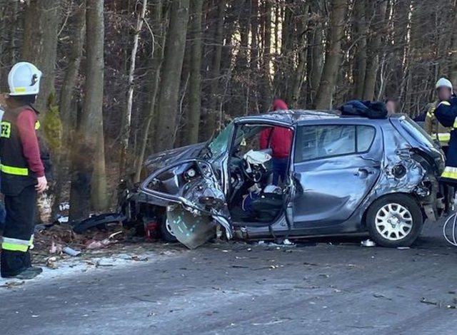 Poważny wypadek w regionie. Auto osobowe uderzyło w drzewo, jedna osoba poszkodowana (zdjęcia)