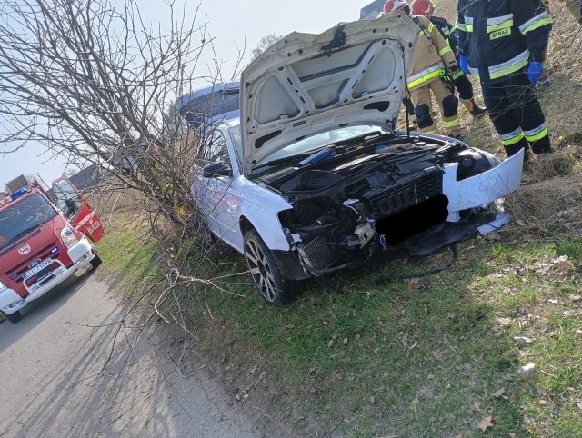 Audi uderzyło w drzewo i zatrzymało się na boku. Jedna osoba poszkodowana (zdjęcia)