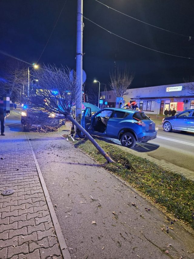 Nissan wypadł z jezdni. Auto uderzyło w drzewo i słup latarni (zdjęcia)