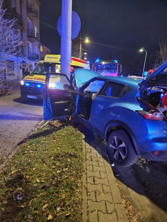 Nissan wypadł z jezdni. Auto uderzyło w drzewo i słup latarni (zdjęcia)