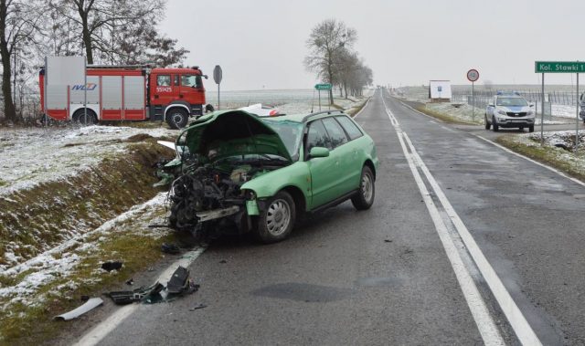 Czołowe zderzenie dwóch pojazdów na drodze wojewódzkiej. Jedna osoba w szpitalu (zdjęcia)
