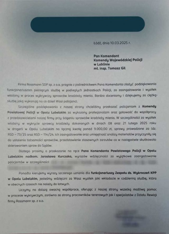 Podziękowania dla opolskich kryminalnych za wykrycie sprawcy kradzieży mienia o wartości ponad 9 tys. zł