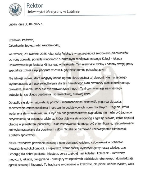 List Rektora Uniwersytetu Medycznego w Lublinie w związku z zabójstwem dr Tomasza Soleckiego