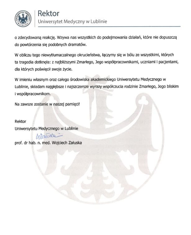 List Rektora Uniwersytetu Medycznego w Lublinie w związku z zabójstwem dr Tomasza Soleckiego