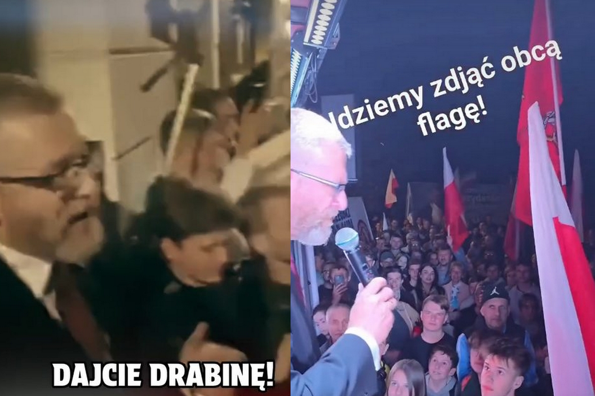 Podczas wiecu wyborczego Grzegorza Brauna z Urzędu Miasta w Białej Podlaskiej zdjęto ukraińską flagę (wideo)