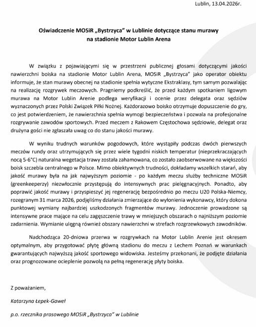 Motor Lublin wstrzymuje sprzedaż biletów. Mecz z Lechem Poznań zagrożony przez stan murawy