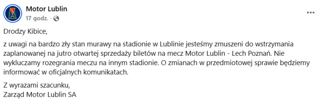 Motor Lublin wstrzymuje sprzedaż biletów. Mecz z Lechem Poznań zagrożony przez stan murawy