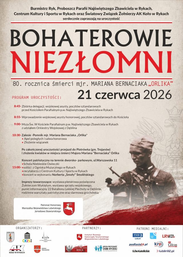 Bohaterowie Niezłomni. Ryki uczczą 80. rocznicę śmierci mjr. Mariana Bernaciaka „Orlika”