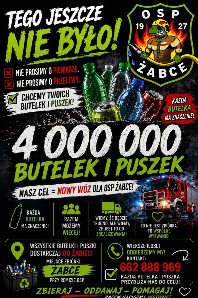 Takiej akcji jeszcze nie było. Strażacy chcą zebrać 4 miliony butelek i puszek na nowy wóz