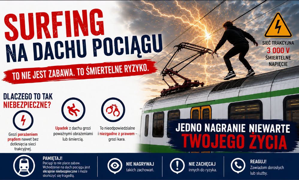 Trainsurfing może zabić w kilka sekund. SOK ostrzega przed groźną modą na dachach pociągów