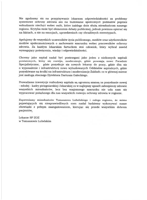 Lekarze z Tomaszowa Lubelskiego reagują na krytykę. „Publiczne ataki godzą w dobre imię lekarzy”