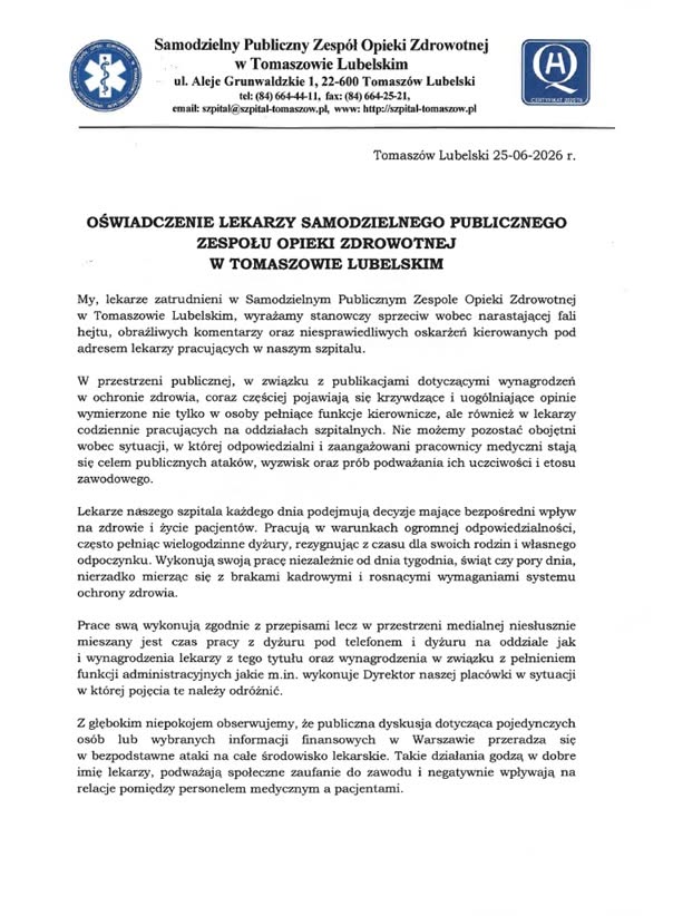 Lekarze z Tomaszowa Lubelskiego reagują na krytykę. „Publiczne ataki godzą w dobre imię lekarzy”