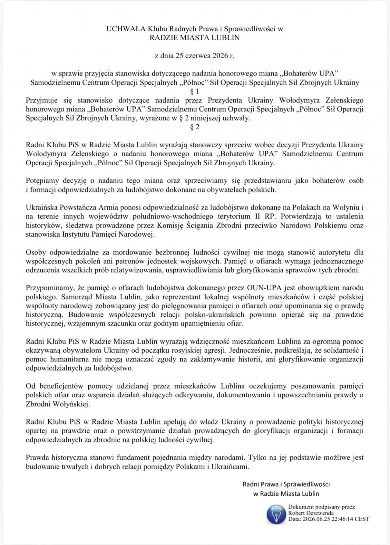 Lublin: radni PiS protestują po wycofaniu uchwały dotyczącej „Bohaterów UPA”