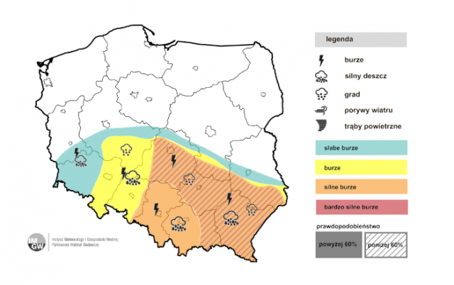 Silne burze termiczne możliwe w woj. lubelskim. Lokalne podtopienia, grad do 4 cm i silny wiatr