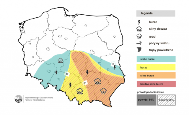 Silne burze termiczne możliwe w woj. lubelskim. Lokalne podtopienia, grad do 4 cm i silny wiatr