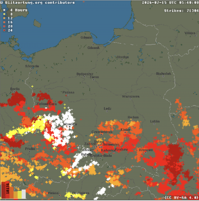 Silne burze termiczne możliwe w woj. lubelskim. Lokalne podtopienia, grad do 4 cm i silny wiatr