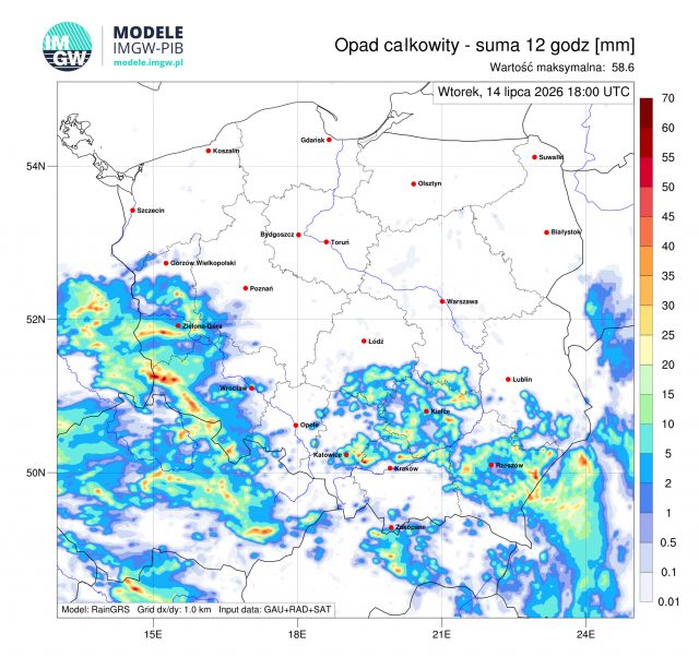 Silne burze termiczne możliwe w woj. lubelskim. Lokalne podtopienia, grad do 4 cm i silny wiatr