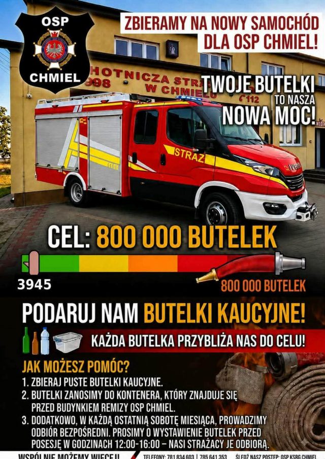 OSP Chmiel zbiera 800 tys. butelek kaucyjnych. Cel to nowy samochód
