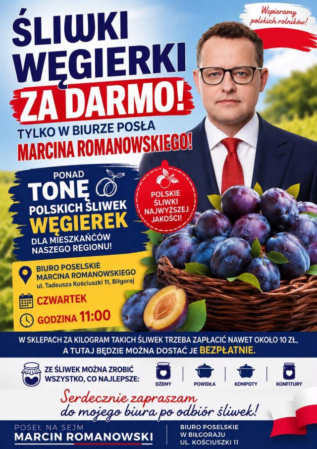 Ponad tona śliwek od posła dla mieszkańców powiatu biłgorajskiego. Rozdawanie już w czwartek