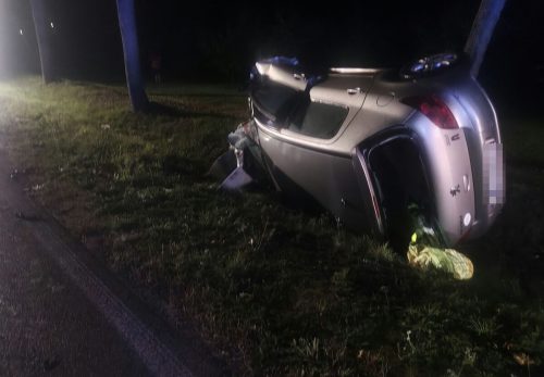 Groźny wypadek w Celejowie. 22-latek uderzył Peugeotem w drzewo